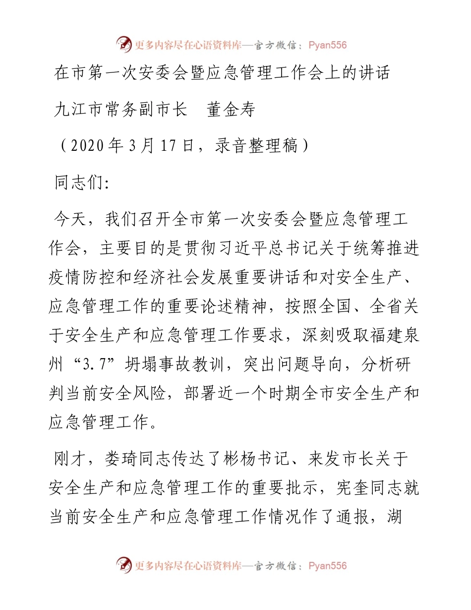 范文系列39九江市常务副市长董金寿在市第一次安委会暨应急管理工作会上的讲话.docx_第1页