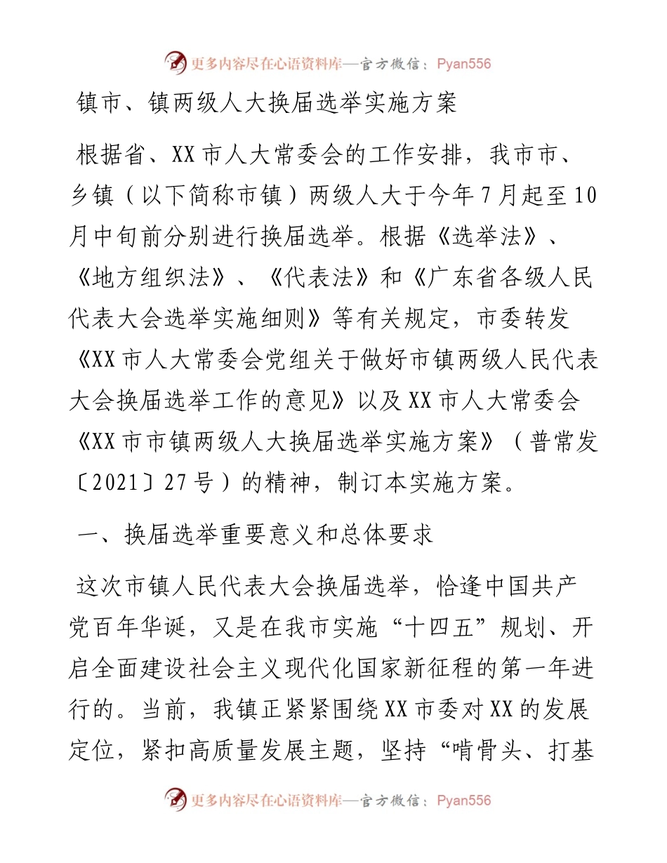 镇市、镇两级人大换届选举实施方案.docx_第1页
