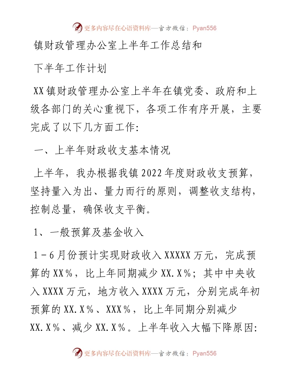 镇财政管理办公室上半年工作总结和下半年工作计划.docx_第1页