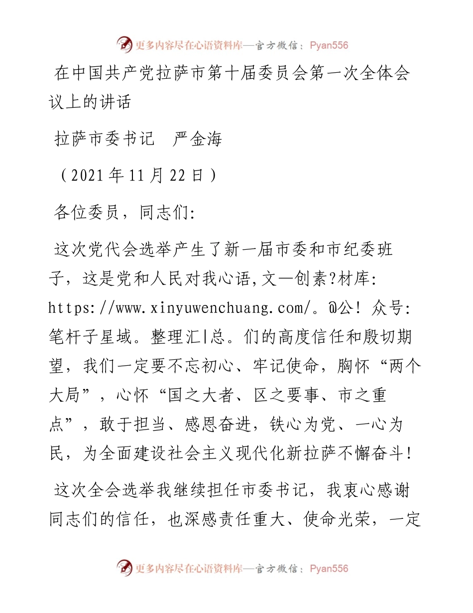 范文系列2838拉萨市委书记严金海：在中国共产党拉萨市第十届委员会第一次全体会议上的讲话.docx_第1页