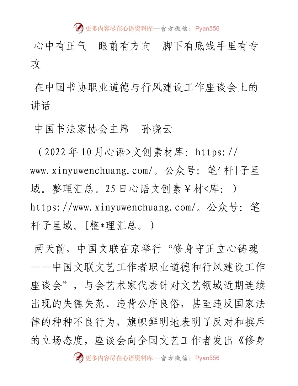 范文系列4910中国书法家协会主席孙晓云：在中国书协职业道德与行风建设工作座谈会上的讲话.docx_第1页