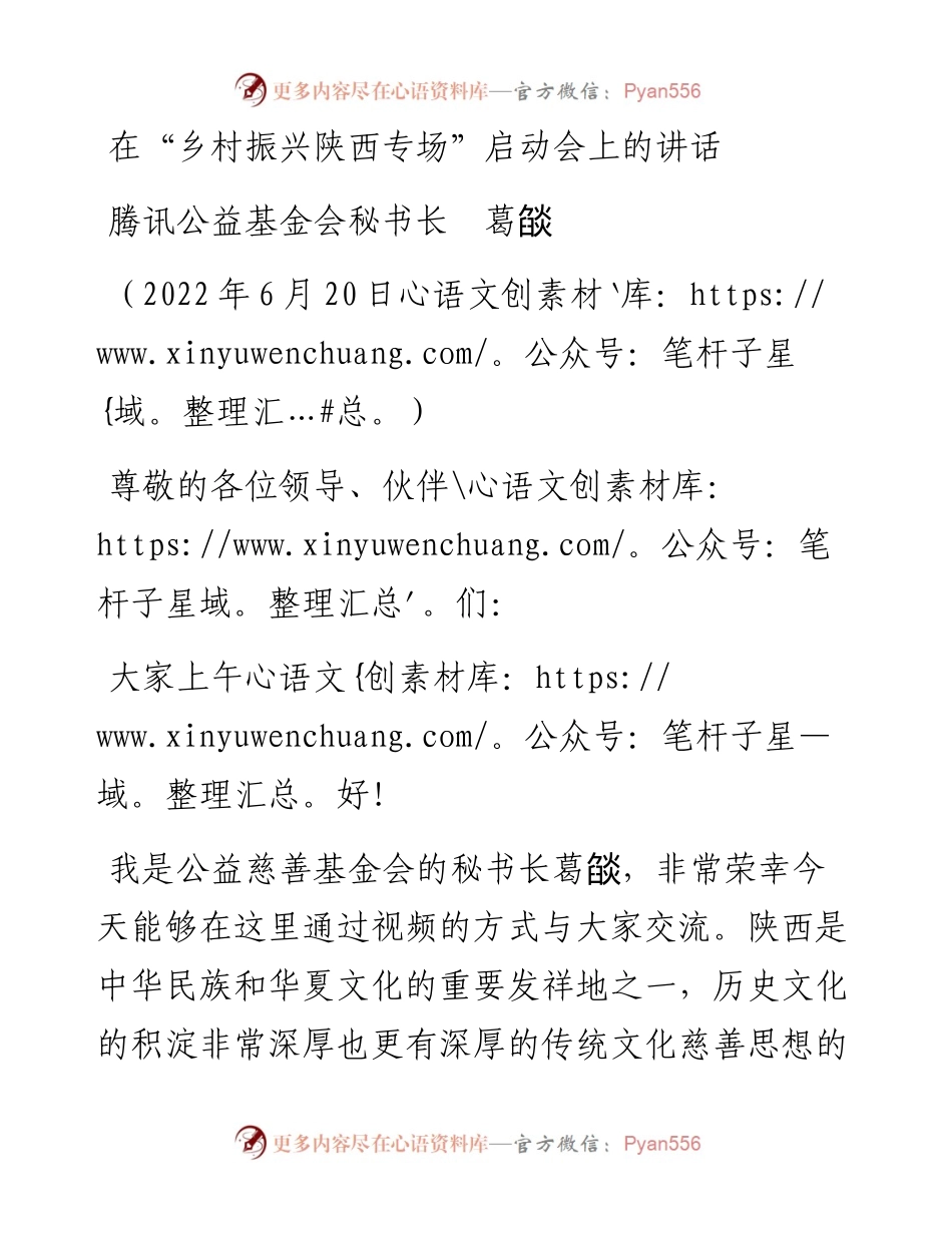 范文系列4025腾讯公益基金会秘书长葛燄：在“乡村振兴陕西专场”启动会上的讲话.docx_第1页
