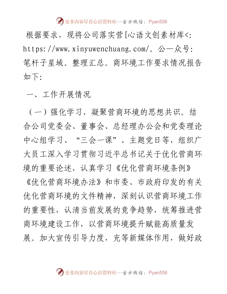 落实营商环境工作情况专题报告.docx_第1页