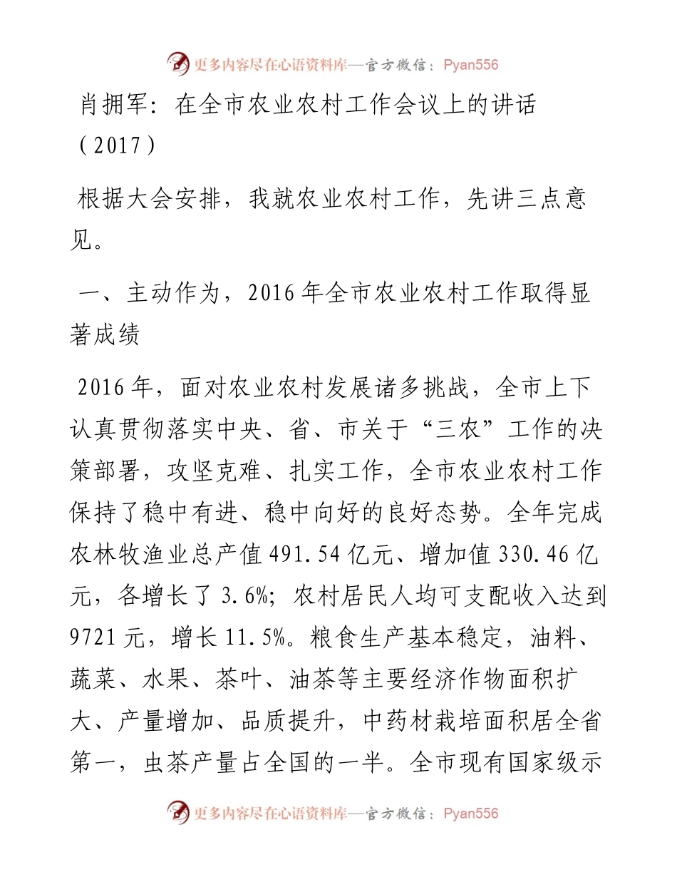 肖拥军：在全市农业农村工作会议上的讲话（）.docx_第1页