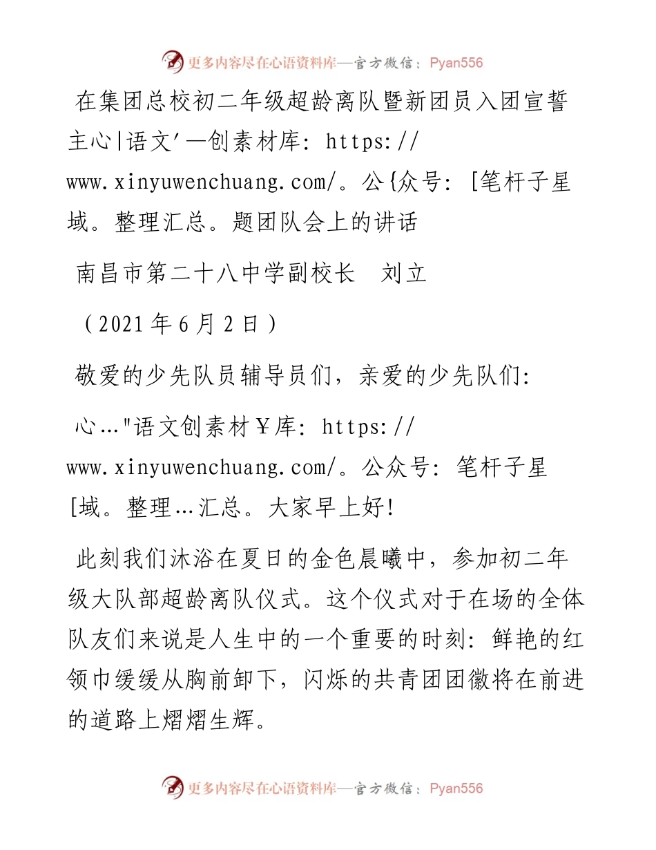 范文系列1615南昌市第二十八中学副校长刘立：在集团总校初二年级超龄离队暨新团员入团宣誓主题团队会上的讲话.docx_第1页