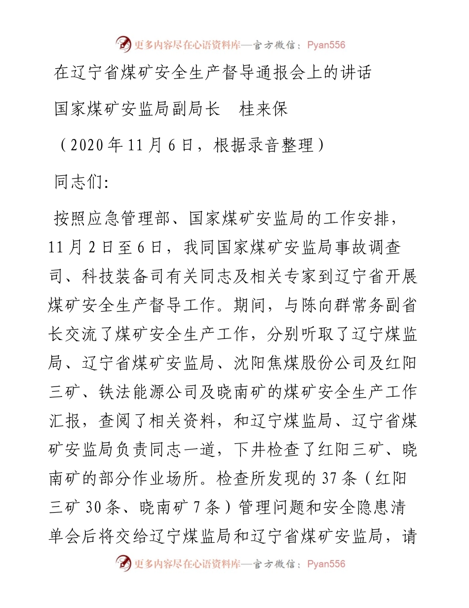 范文系列906国家煤矿安监局副局长桂来保：在辽宁省煤矿安全生产督导通报会上的讲话.docx_第1页