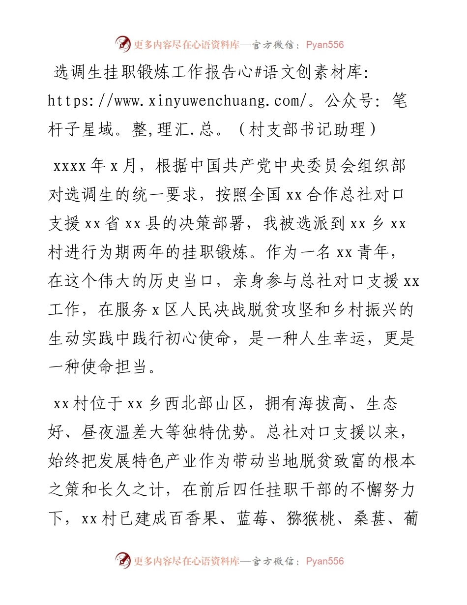 选调生挂职锻炼工作报告（村支部书记助理）.docx_第1页