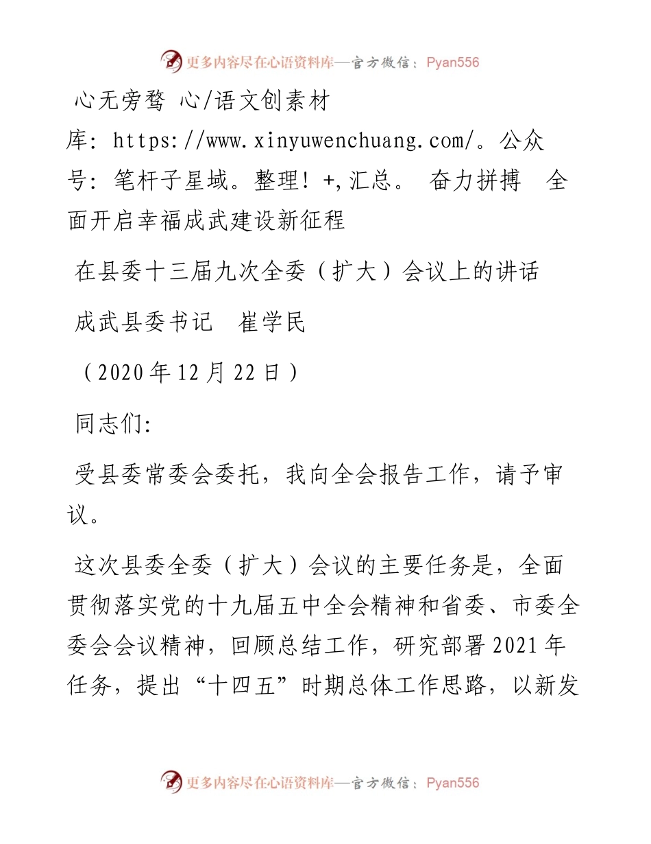 范文系列983成武县委书记崔学民：在县委十三届九次全委（扩大）会议上的讲话.docx_第1页