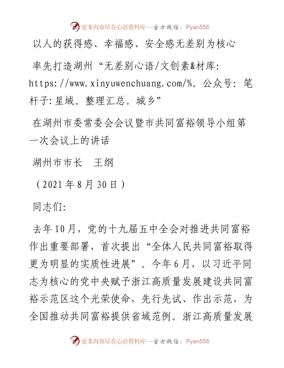 范文系列2043湖州市市长王纲：在湖州市委常委会会议暨市共同富裕领导小组第一次会议上的讲话.docx_第1页