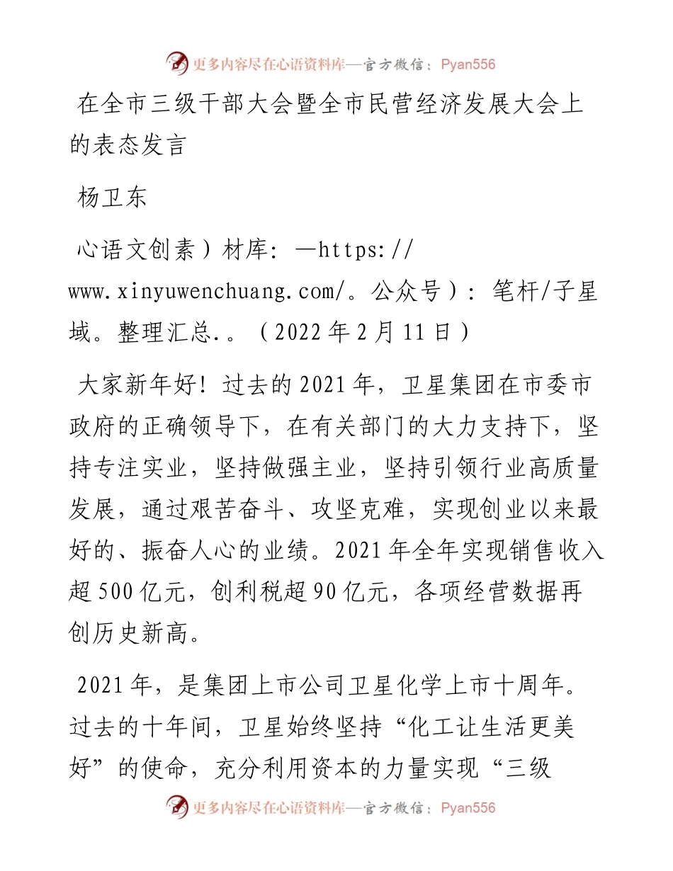 范文系列3248杨卫东：在全市三级干部大会暨全市民营经济发展大会上的表态发言.docx_第1页