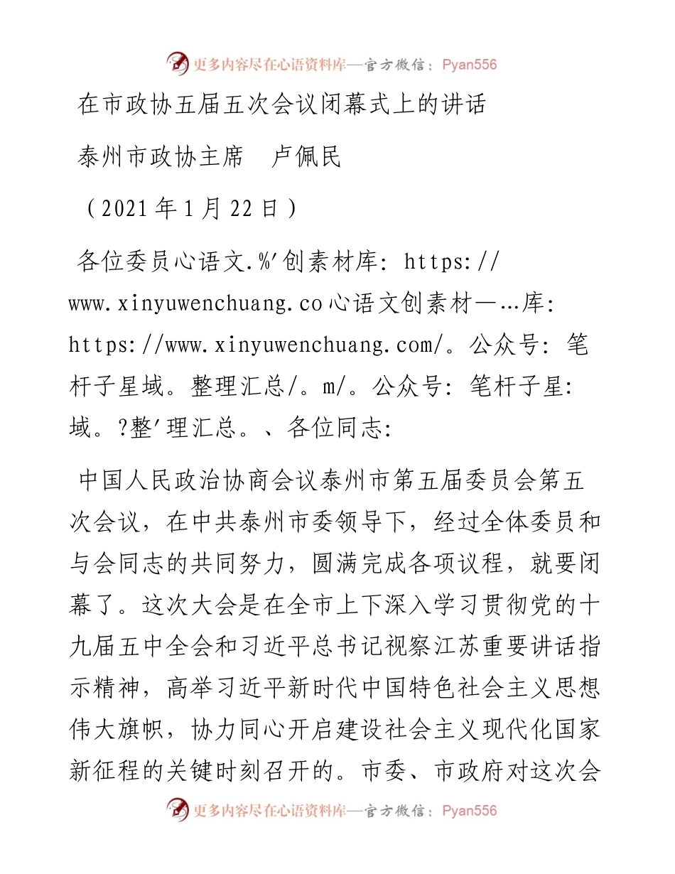 范文系列1140泰州市政协主席卢佩民：在市政协五届五次会议闭幕式上的讲话.docx_第1页