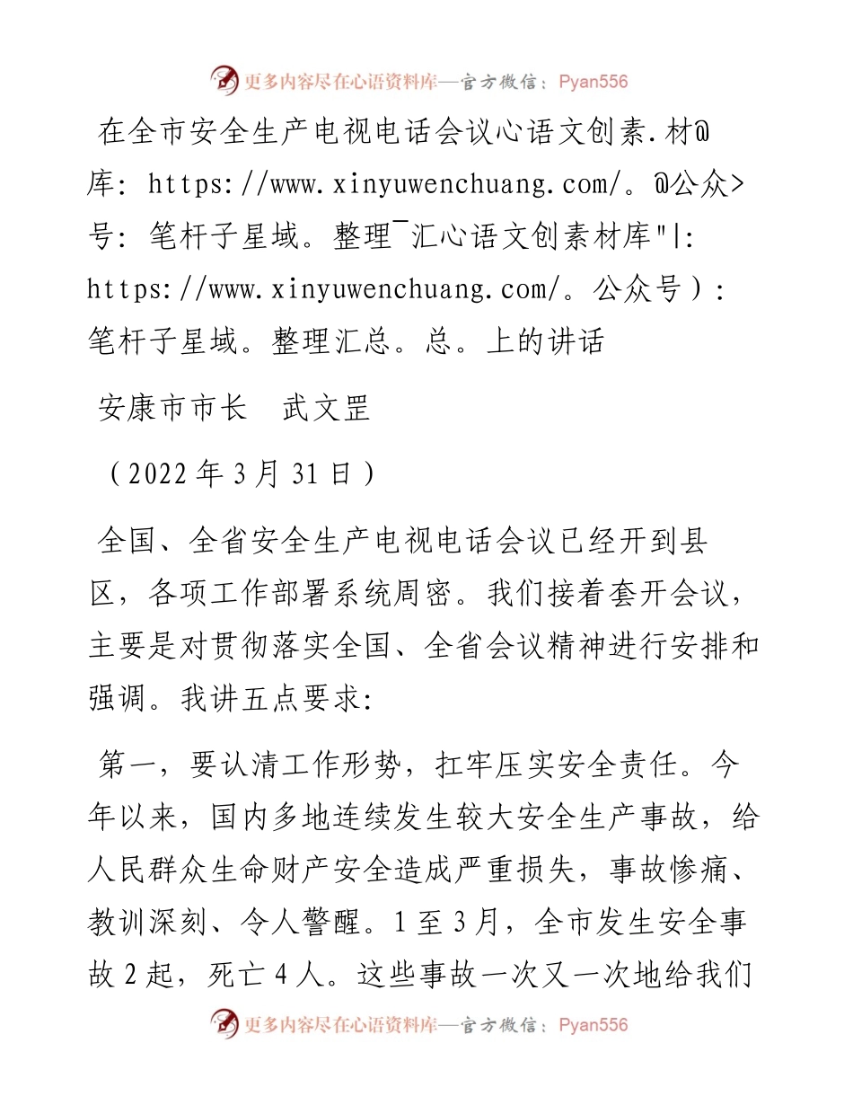范文系列3521安康市市长武文罡：在全市安全生产电视电话会议上的讲话.docx_第1页