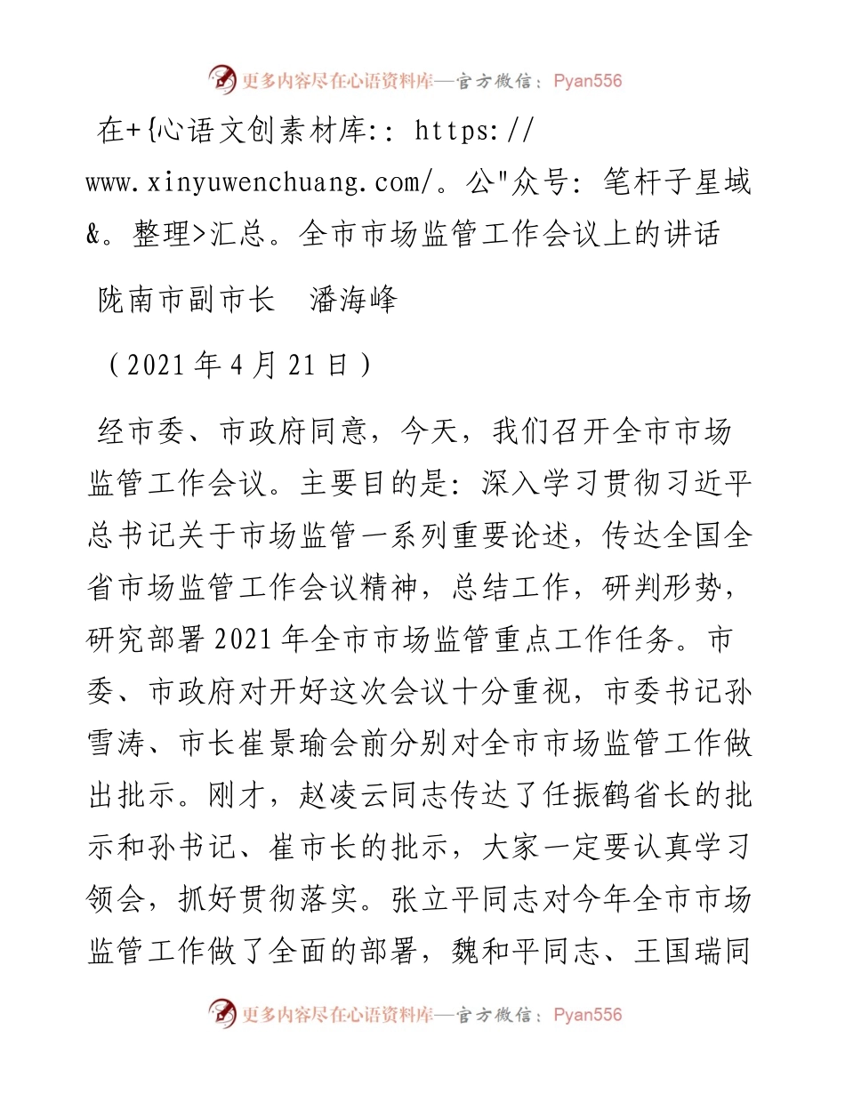范文系列1776陇南市副市长潘海峰：在全市市场监管工作会议上的讲话.docx_第1页