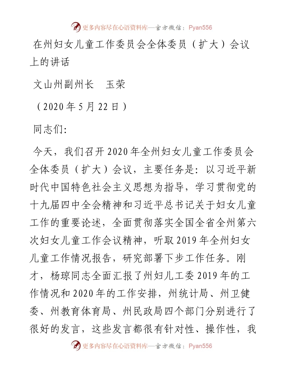 范文系列283文山州副州长玉荣在州妇女儿童工作委员会全体委员（扩大）会议上的讲话.docx_第1页