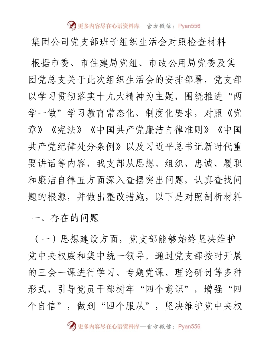 集团公司党支部班子组织生活会对照检查材料.docx_第1页