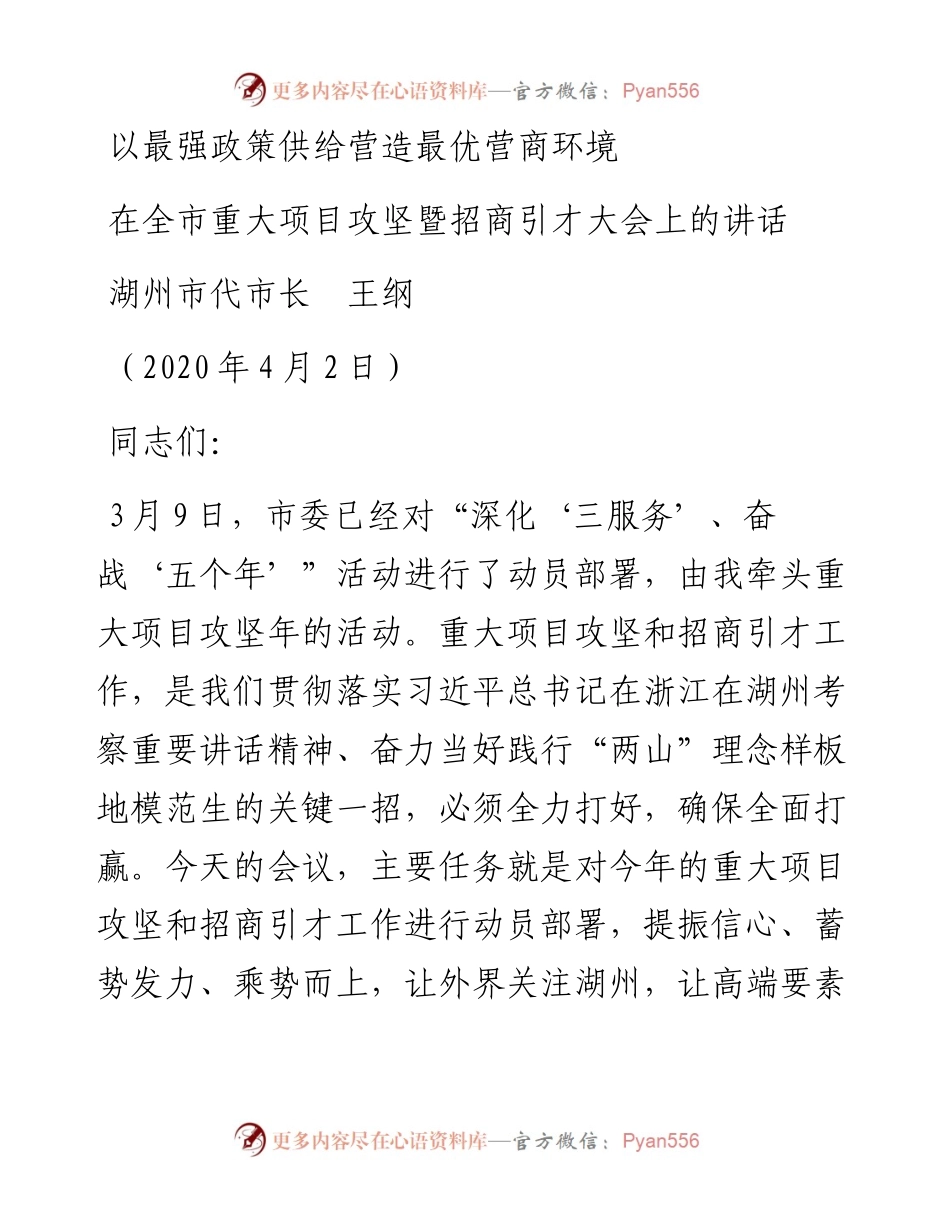 范文系列63湖州市代市长王纲在全市重大项目攻坚暨招商引才大会上的讲话.docx_第1页