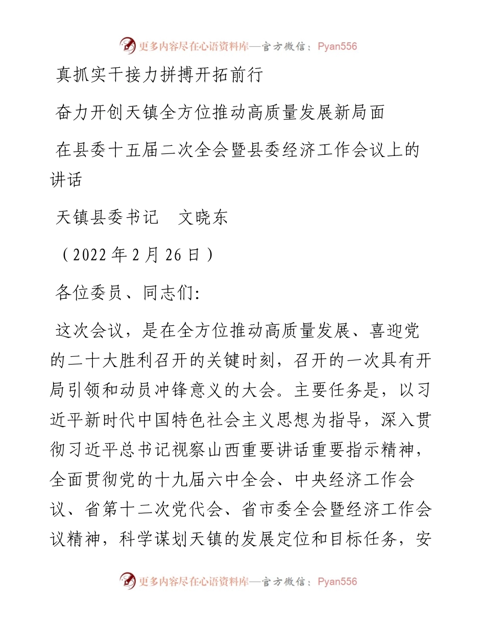 范文系列3373天镇县委书记文晓东：在县委十五届二次全会暨县委经济工作会议上的讲话.docx_第1页