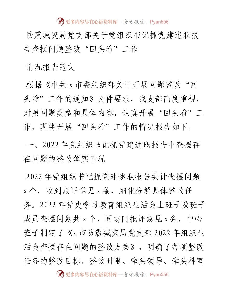 防震减灾局党支部关于党组织书记抓党建述职报告查摆问题整改回头看工作情况报告.docx_第1页