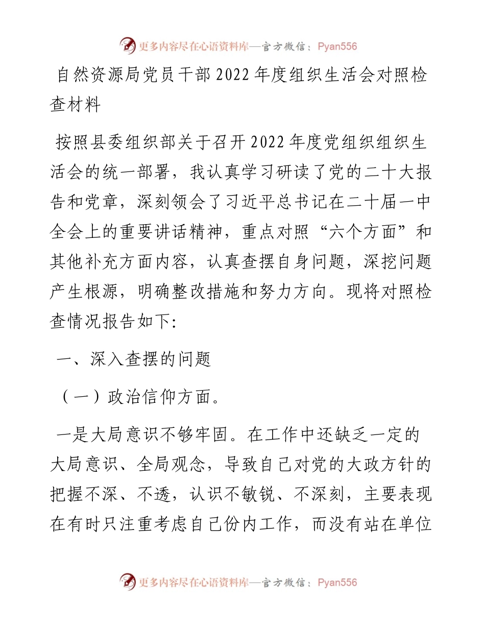 自然资源局党员干部度组织生活会对照检查材料.docx_第1页