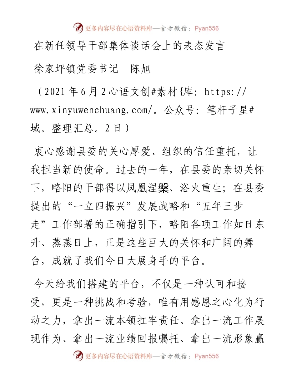范文系列1768徐家坪镇党委书记陈旭：在新任领导干部集体谈话会上的表态发言.docx_第1页