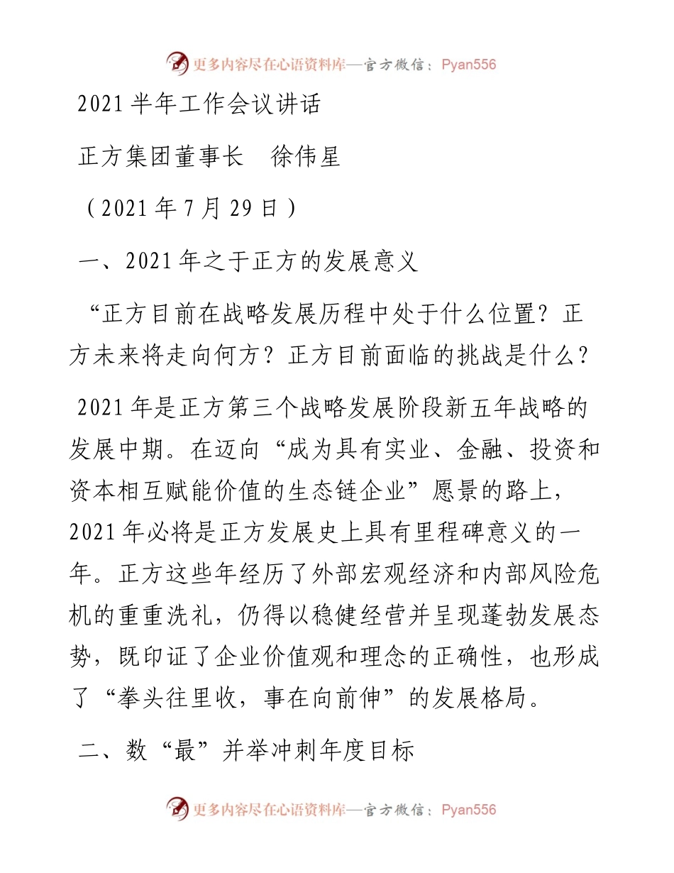 范文系列1858正方集团董事长徐伟星：半年工作会议讲话.docx_第1页
