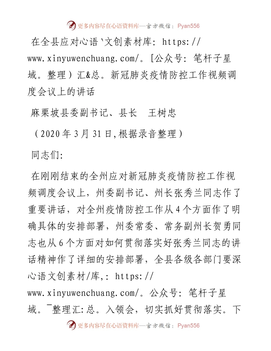 范文系列54麻栗坡县县长王树忠在全县应对新冠肺炎疫情防控工作视频调度会议上的讲话.docx_第1页