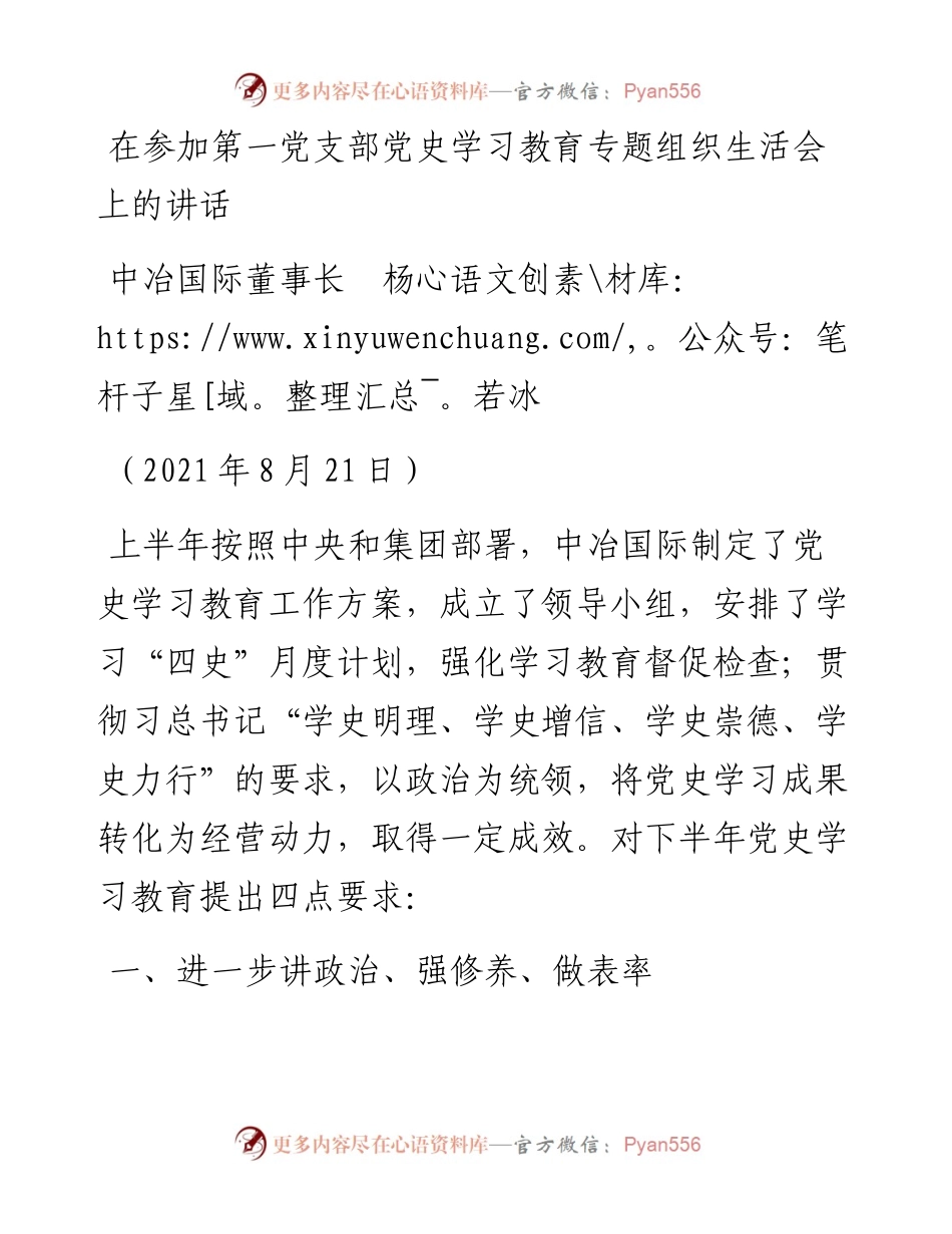范文系列2024中冶国际董事长杨若冰：在参加第一党支部党史学习教育专题组织生活会上的讲话.docx_第1页