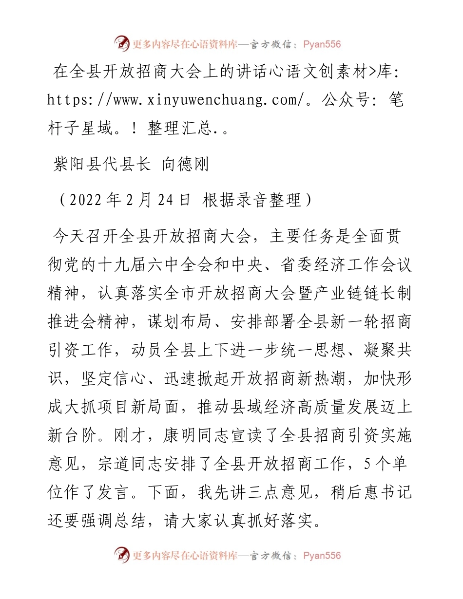 范文系列3329紫阳县代县长向德刚：在全县开放招商大会上的讲话.docx_第1页
