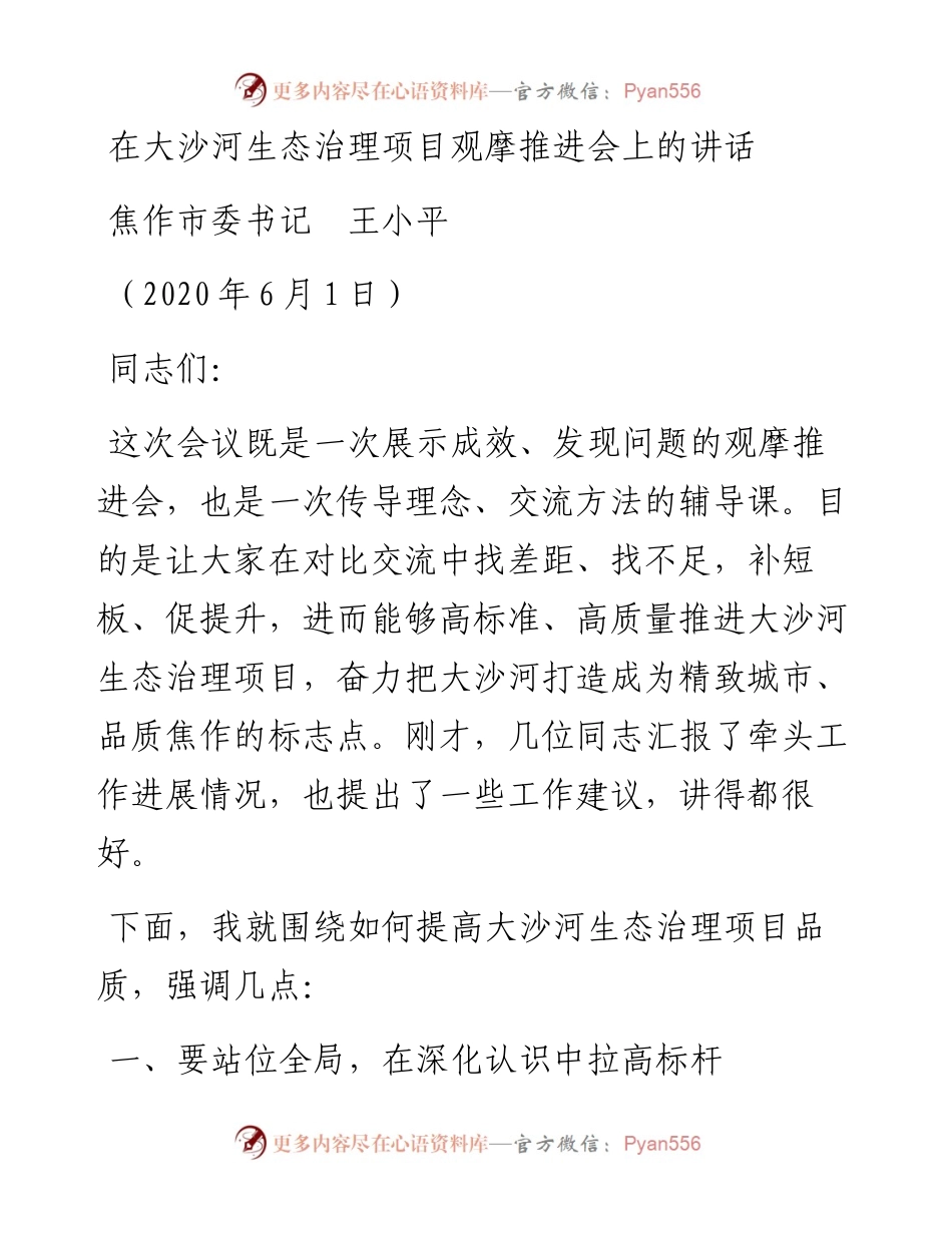 范文系列295焦作市委书记王小平在大沙河生态治理项目观摩推进会上的讲话.docx_第1页