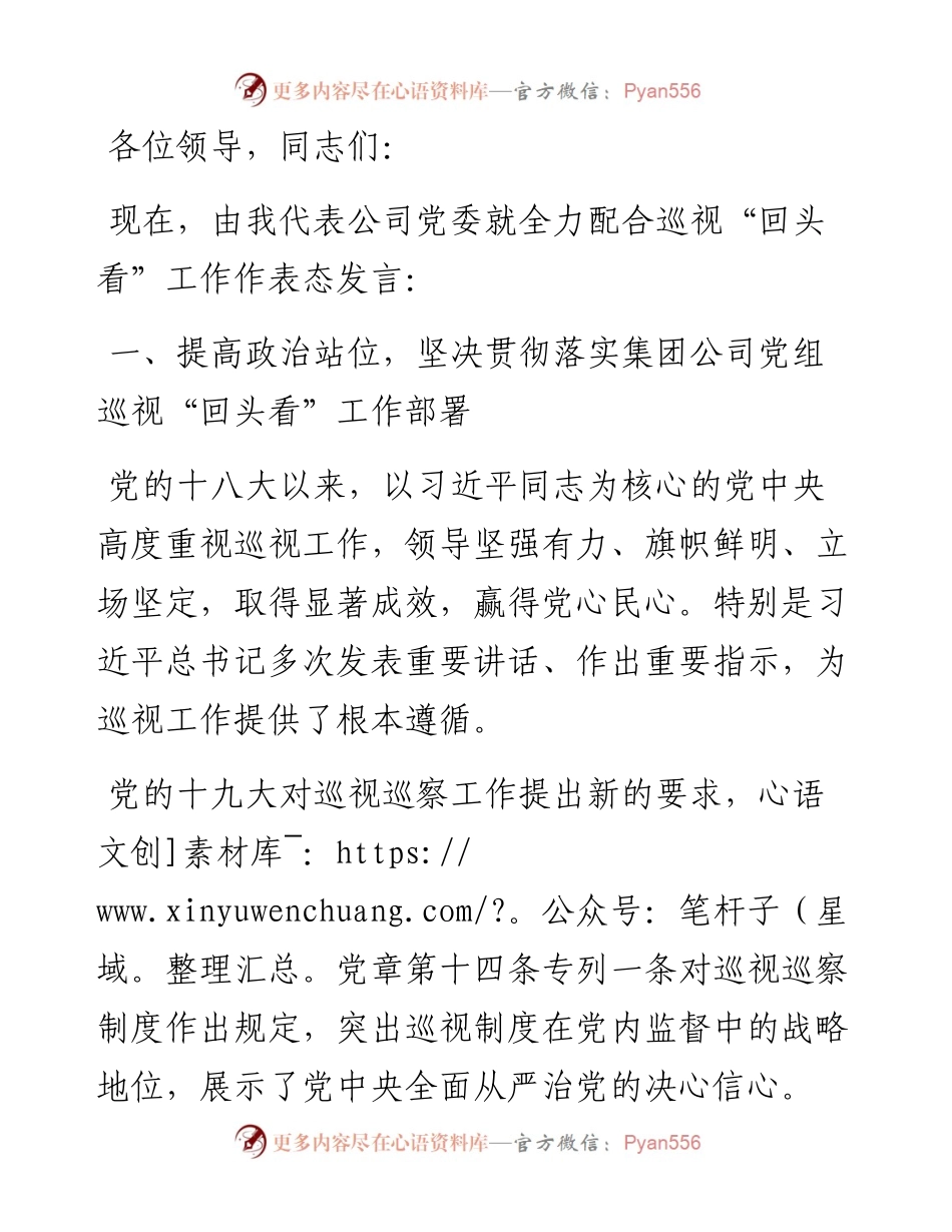 董事长在集团党组巡视组对XX党委巡视“回头看”动员会上的表态发言（集团公司）.docx_第1页