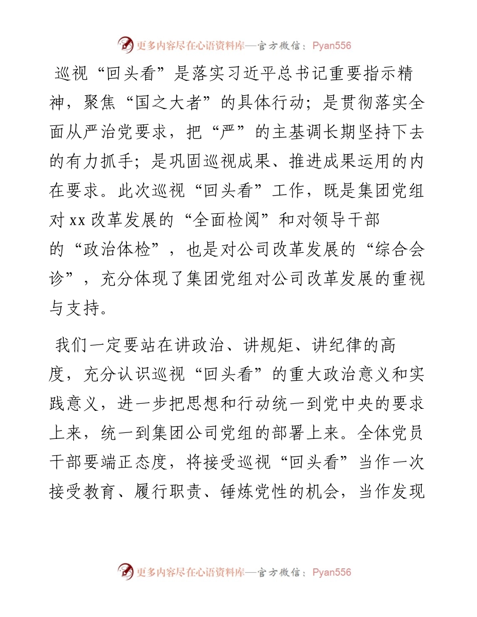 董事长在集团党组巡视组对XX党委巡视“回头看”动员会上的表态发言（集团公司）.docx_第2页