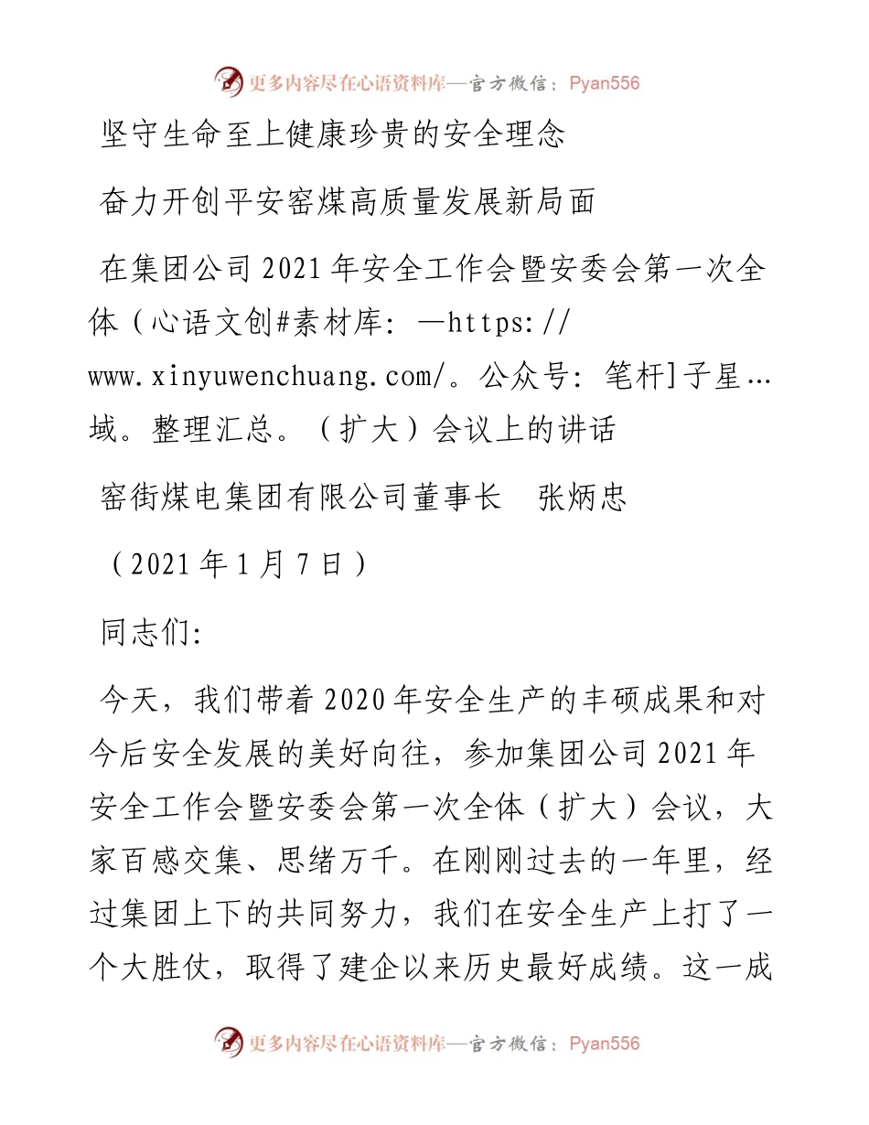 范文系列1075窑街煤电集团有限公司董事长张炳忠：在集团公司安全工作会暨安委会第一次全体（扩大）会议上的讲话.docx_第1页