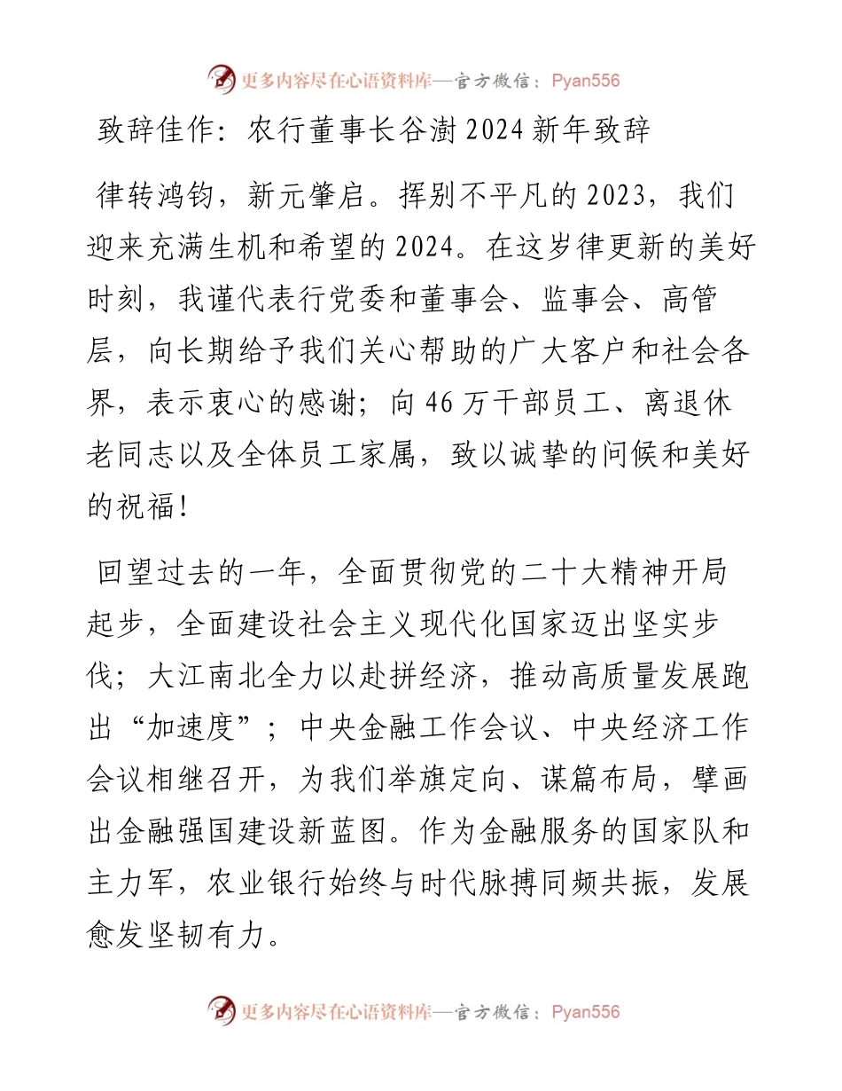 致辞佳作：农行董事长谷澍2024新年致辞.docx_第1页