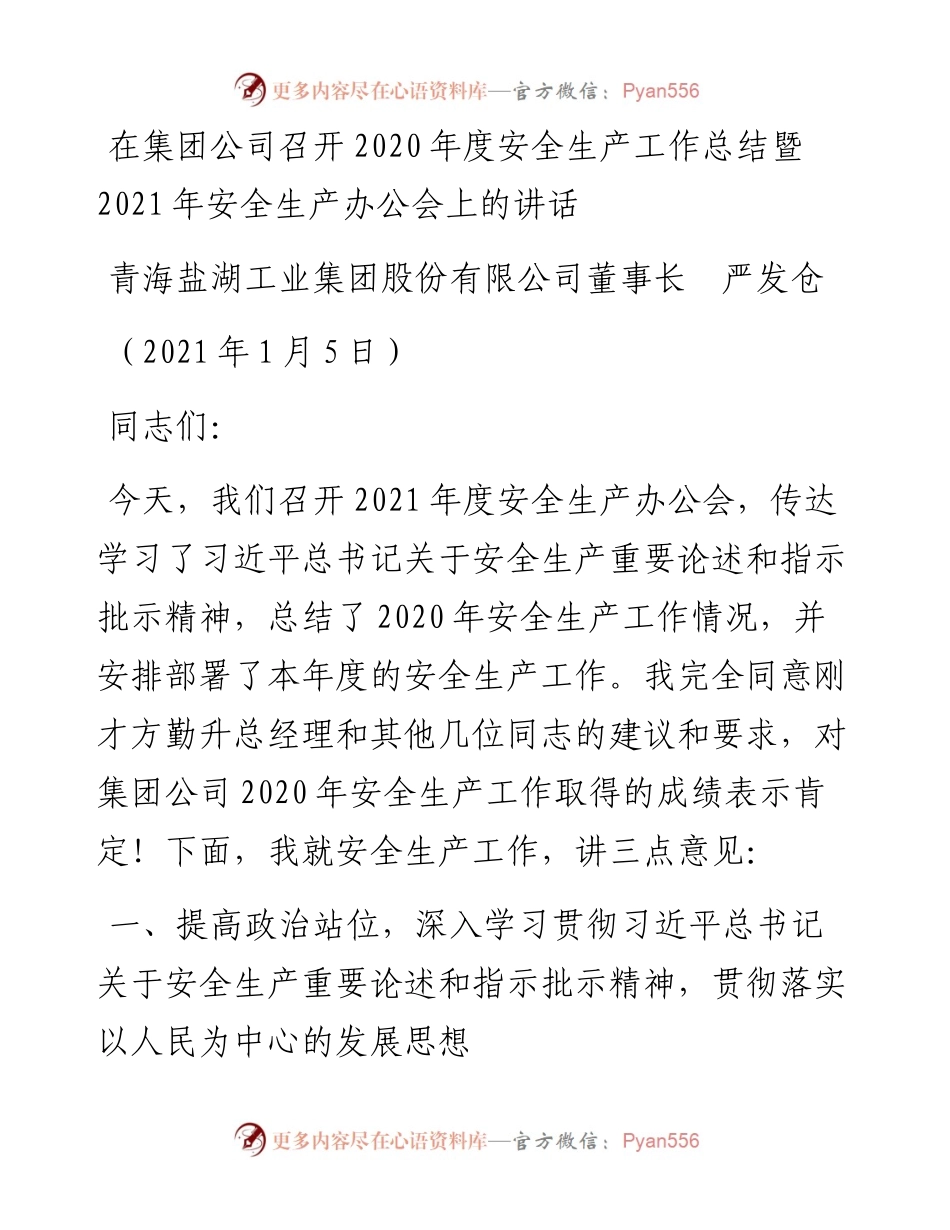 范文系列1054青海盐湖工业集团股份有限公司董事长严发仓：在集团公司召开度安全生产工作总结暨安全生产办公会上的讲话.docx_第1页