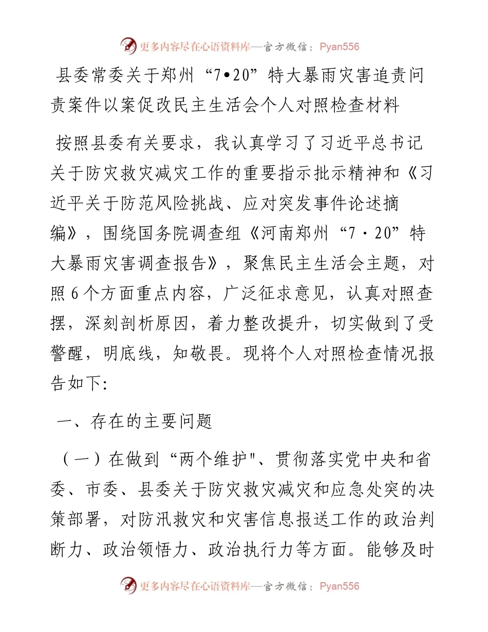 郑州“7.20”特大暴雨灾害追责问责案件以案促改民主生活会个人对照检查材料、发言讲话（3篇）.docx_第1页