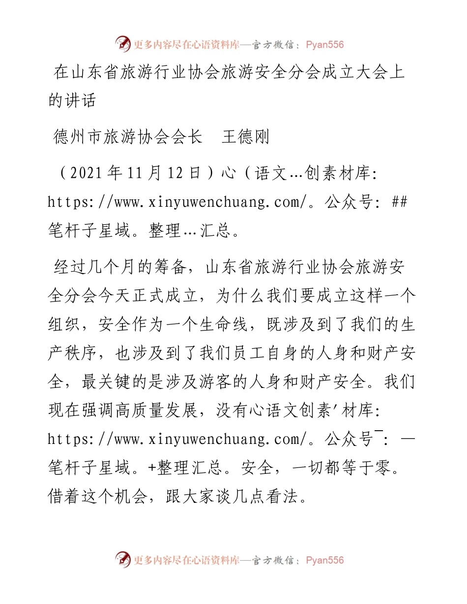 范文系列2575德州市旅游协会会长王德刚：在山东省旅游行业协会旅游安全分会成立大会上的讲话.docx_第1页