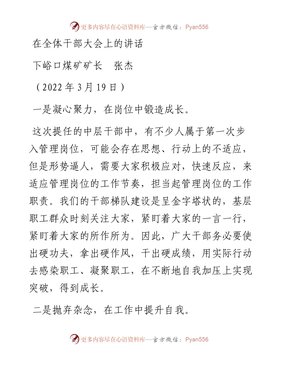 范文系列3469下峪口煤矿矿长张杰：在全体干部大会上的讲话.docx_第1页