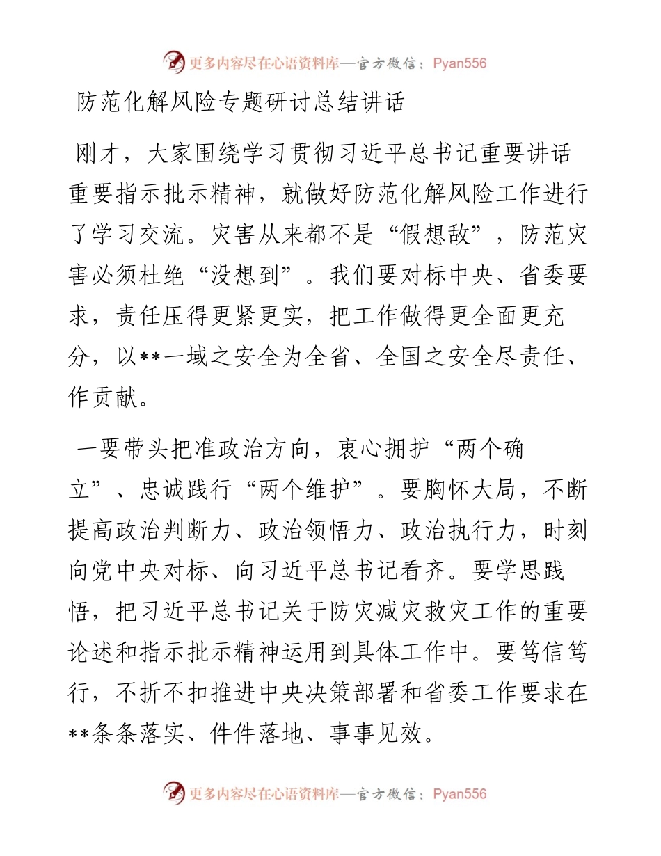 防范化解风险专题研讨总结讲话.docx_第1页
