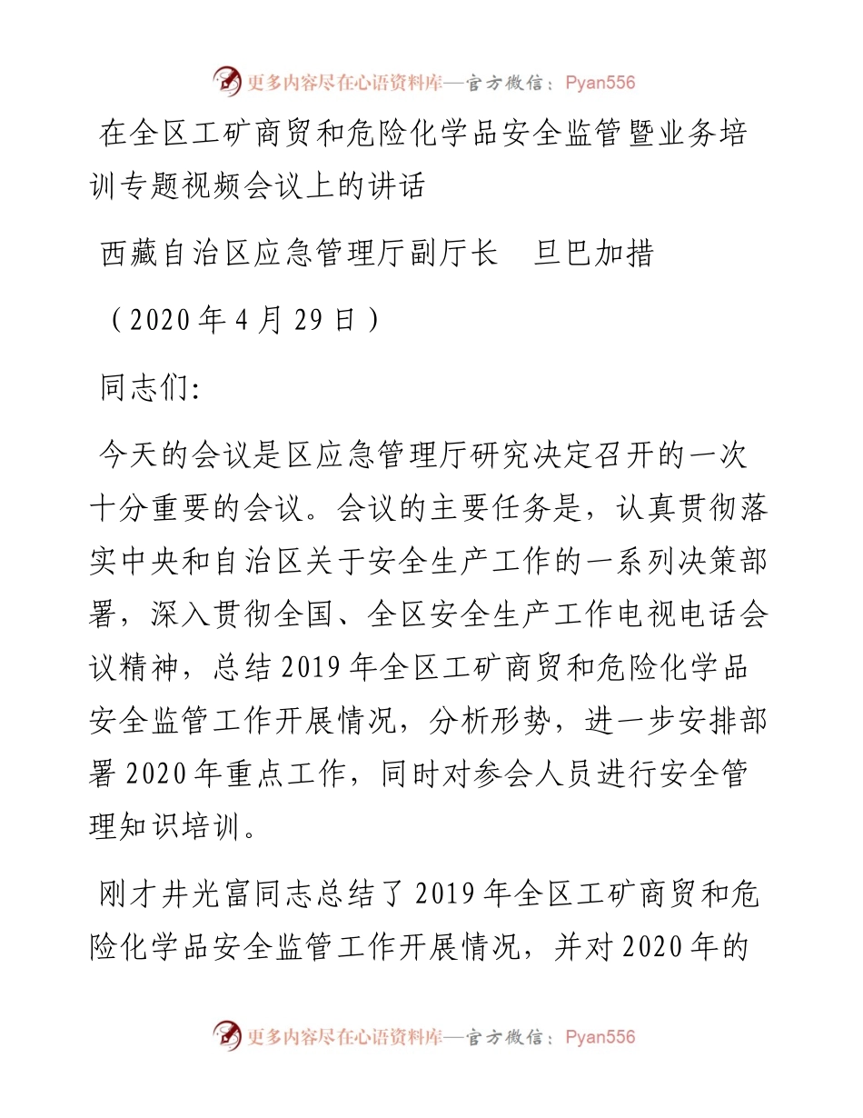 范文系列175西藏自治区应急管理厅副厅长旦巴加措在全区工矿商贸和危险化学品安全监管暨业务培训专题视频会议上的讲话.docx_第1页