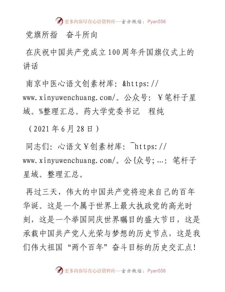 范文系列1707南京中医药大学党委书记程纯：在庆祝中国共产党成立100周年升国旗仪式上的讲话.docx_第1页