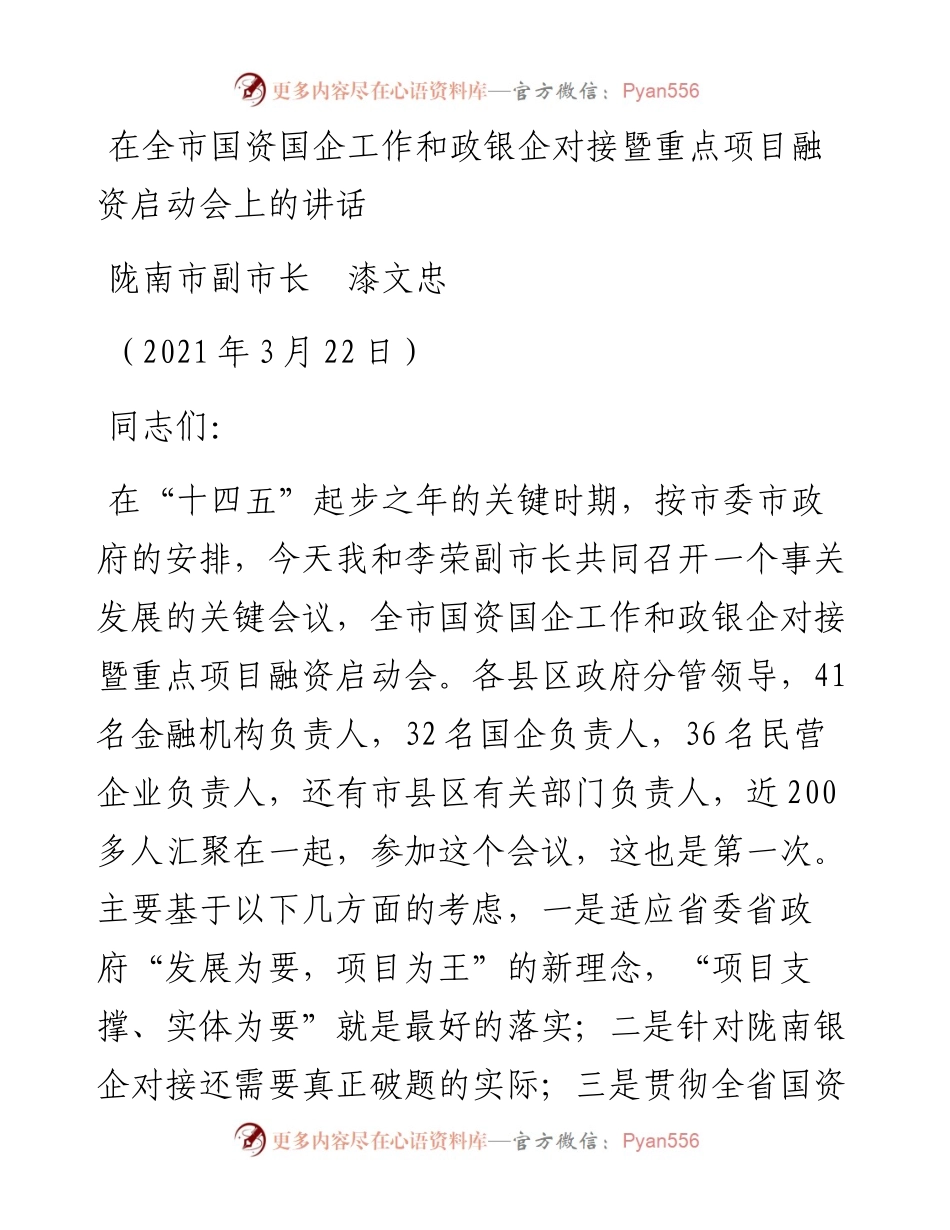范文系列1624陇南市副市长漆文忠：在全市国资国企工作和政银企对接暨重点项目融资启动会上的讲话.docx_第1页