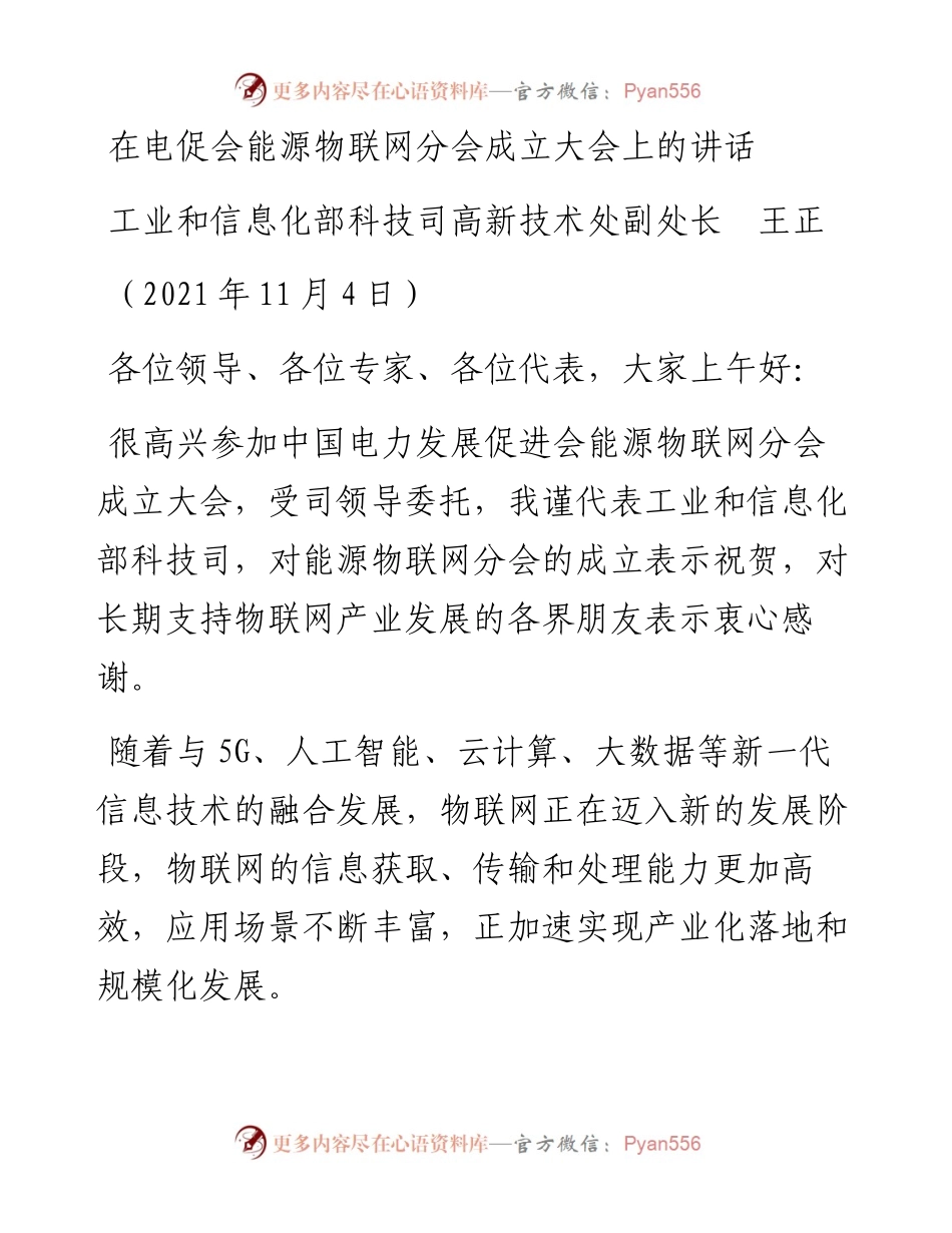 范文系列2571工业和信息化部科技司高新技术处副处长王正：在电促会能源物联网分会成立大会上的讲话.docx_第1页