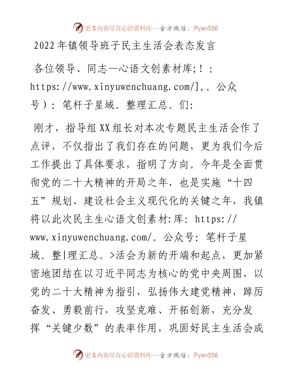 镇领导班子民主生活会表态发言.docx_第1页