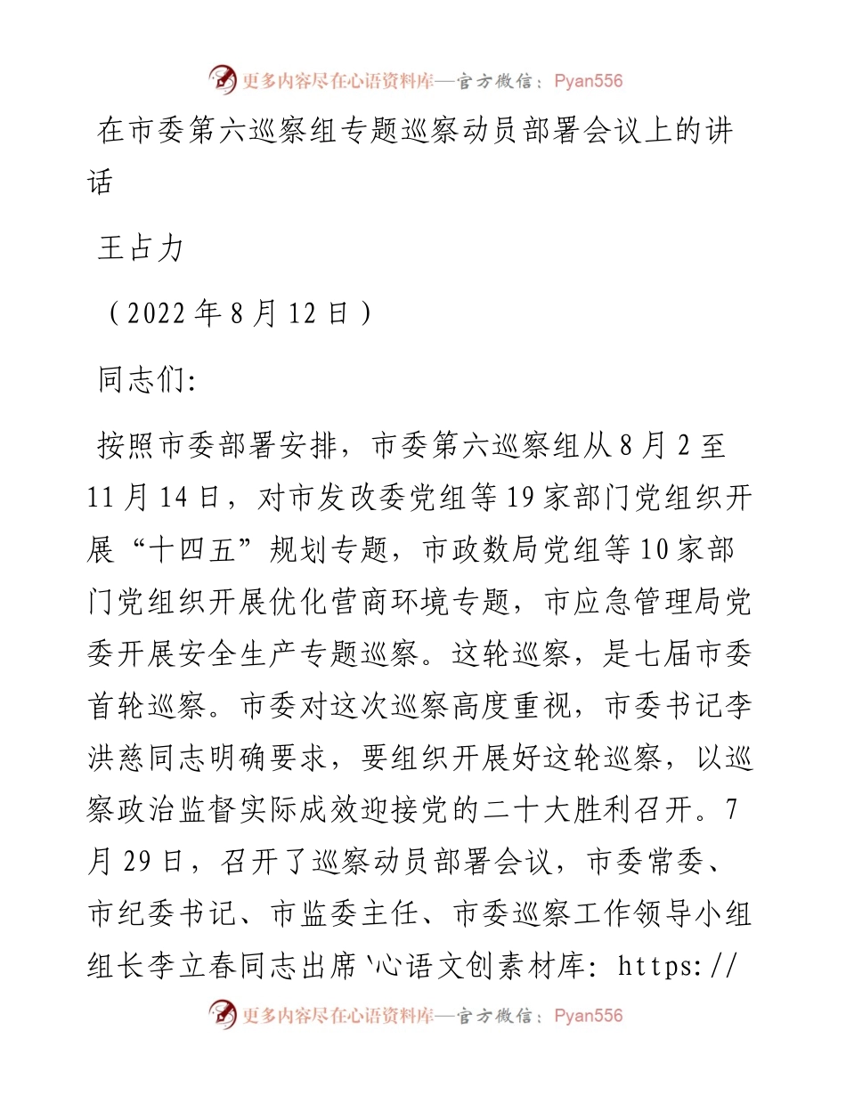 范文系列4345王占力：在市委第六巡察组专题巡察动员部署会议上的讲话.docx_第1页