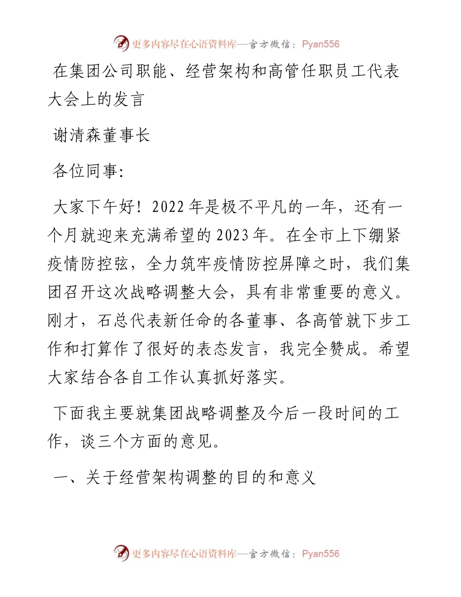 谢清森董事长：在集团公司职能、经营架构和高管任职员工代表大会上的发言.docx_第1页