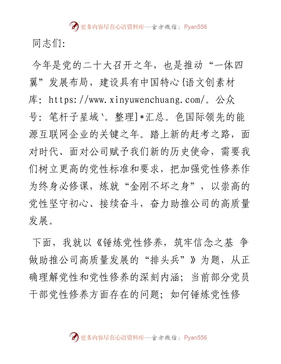 锤炼党性修养，筑牢信念之基，争做助推公司高质量发展的“排头兵”——在公司党课上的讲话.docx_第1页