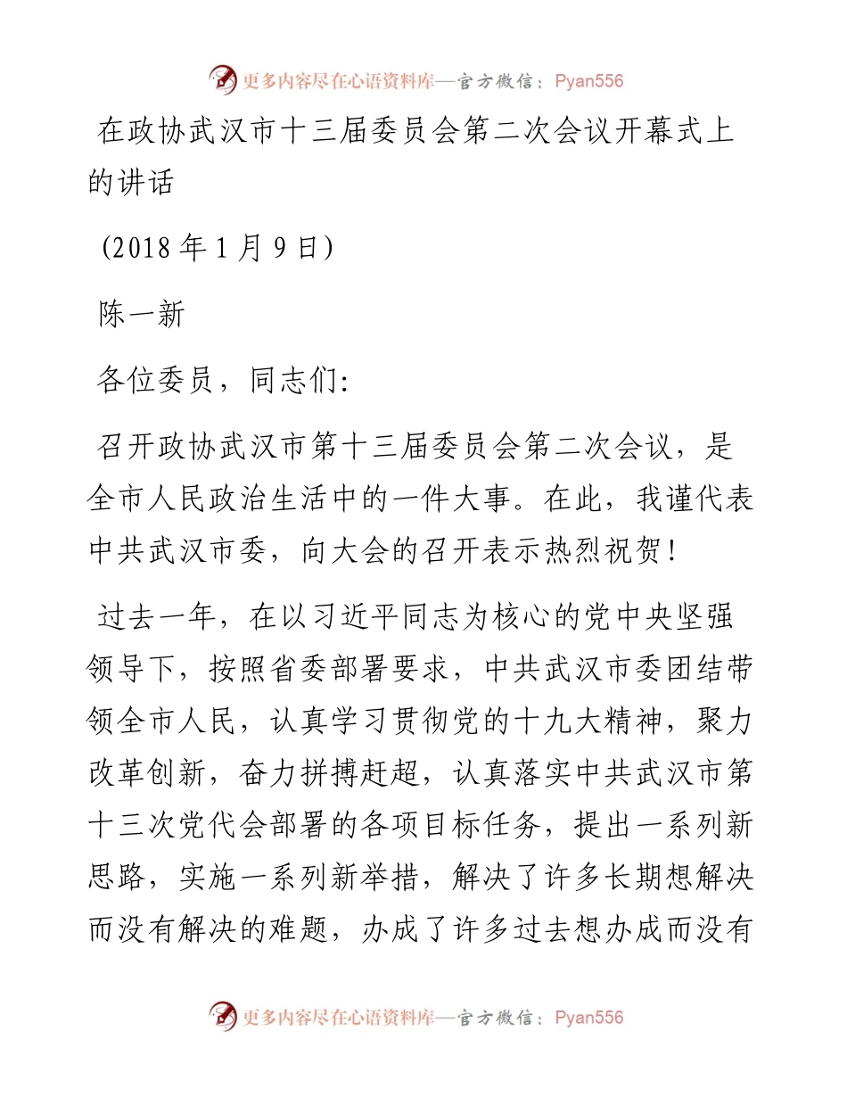 陈一新：在政协武汉市十三届委员会第二次会议开幕式上的讲话(1).docx_第1页