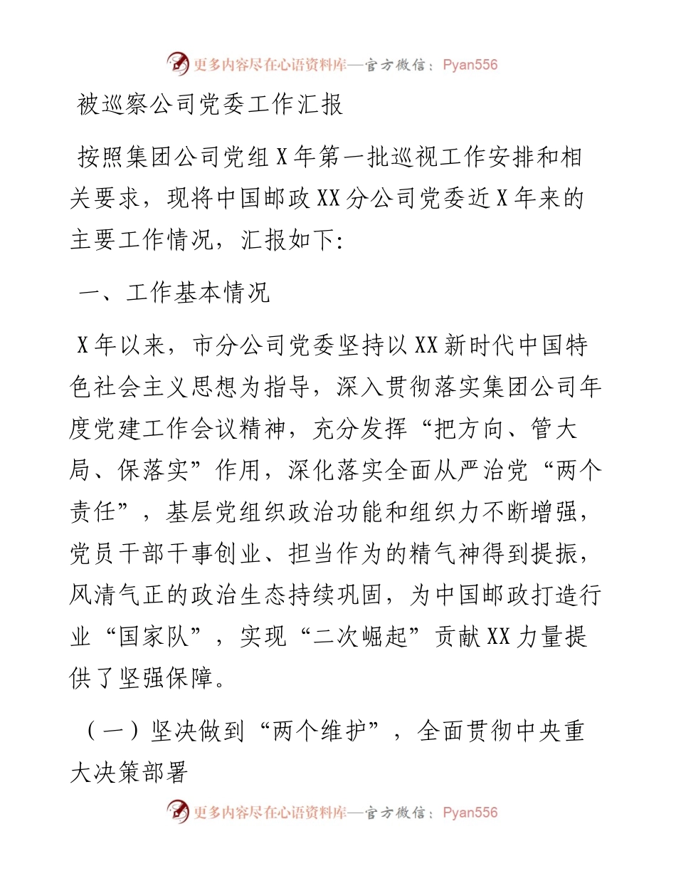 被巡察公司党委工作汇报.docx_第1页