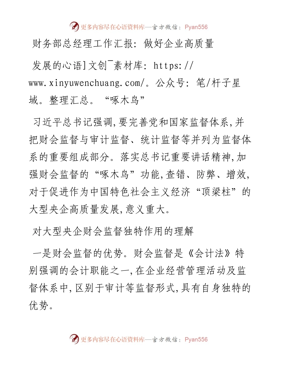 财务部总经理工作汇报：做好企业高质量发展的“啄木鸟”.docx_第1页