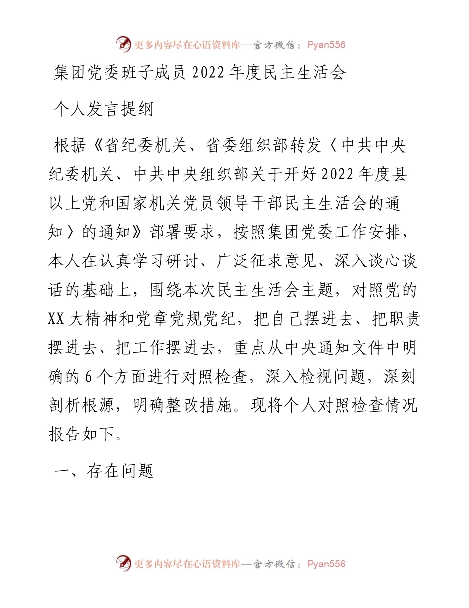 集团党委班子成员度民主生活会个人发言提纲.docx_第1页